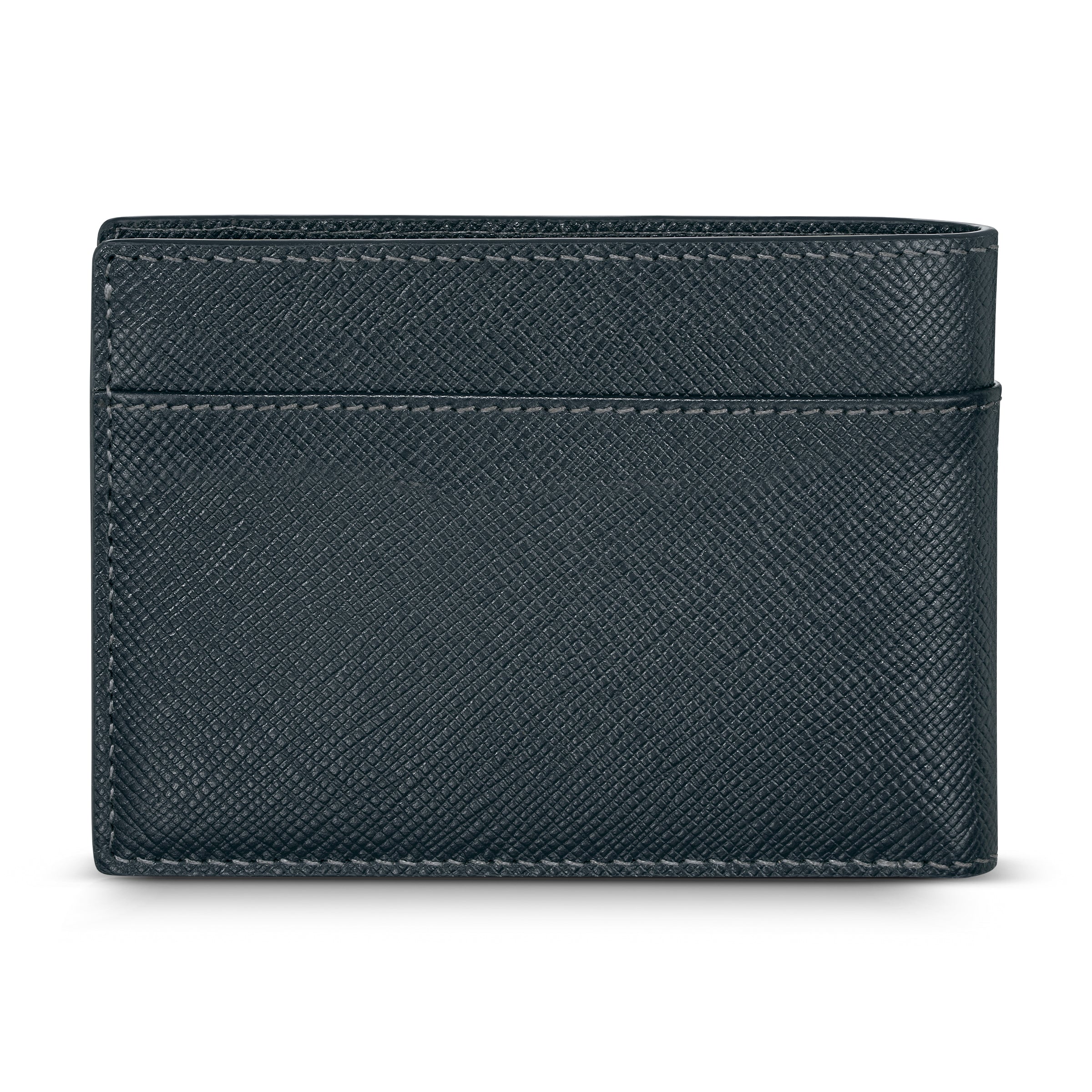 A direct back studio shot of the closed navy blue card case wallet, showcasing the uniform cross-hatched texture, tonal stitching, and a quick-access horizontal card pocket.