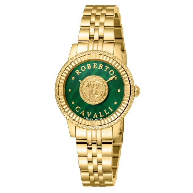 Roberto Cavalli by Franck Muller ladies green mother of pearl dial gold-tone watch available online at Paris Gallery Qatar