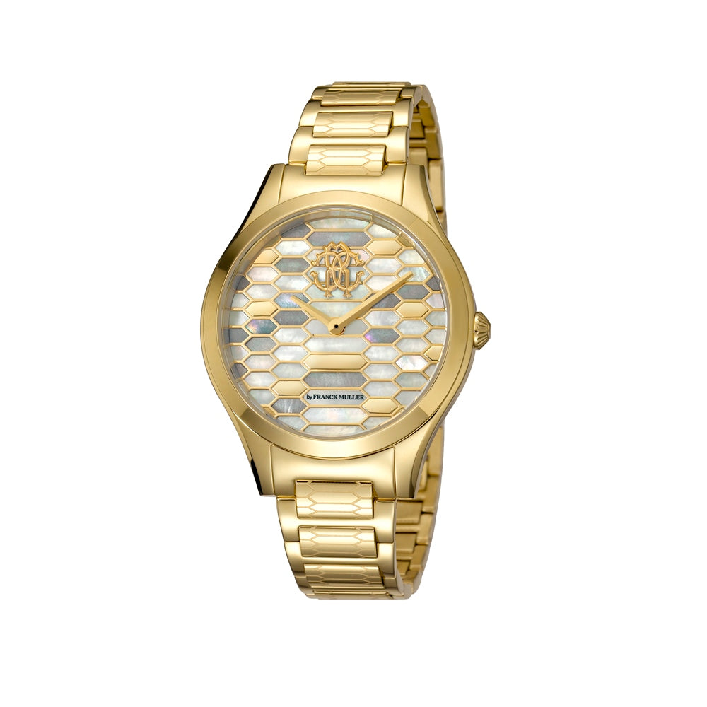Roberto Cavalli ladies gold watch with white mother-of-pearl dial and metal bracelet – Available for Online Purchase