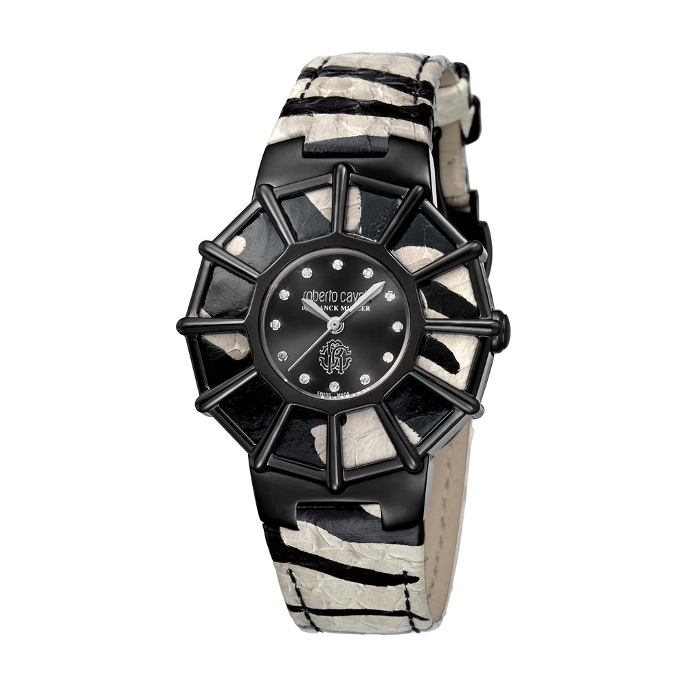 Roberto Cavalli ladies watch with animal print leather strap and black dial – Shop Now Online