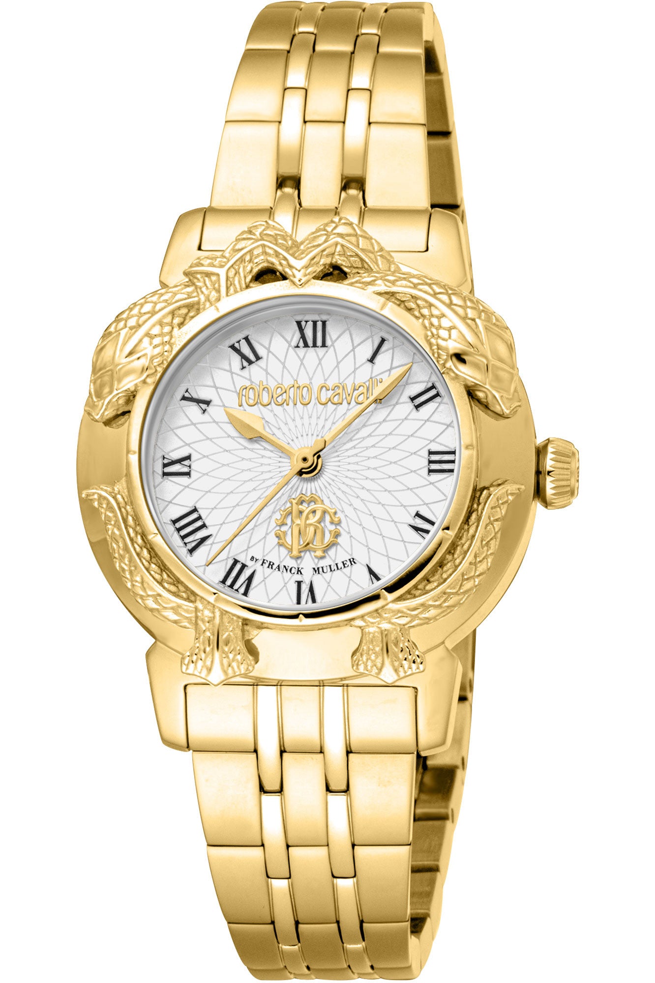 Roberto Cavalli by Franck Muller ladies white dial gold-tone snake embellished watch available online at Paris Gallery Qatar