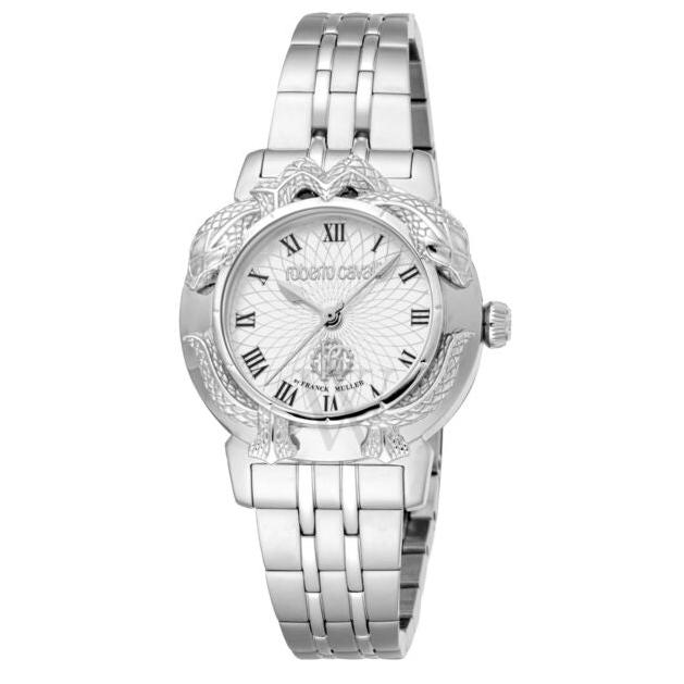 Roberto Cavalli by Franck Muller ladies watch with white dial, silver snake-embellished case and metal bracelet – Available for Online Purchase Main image