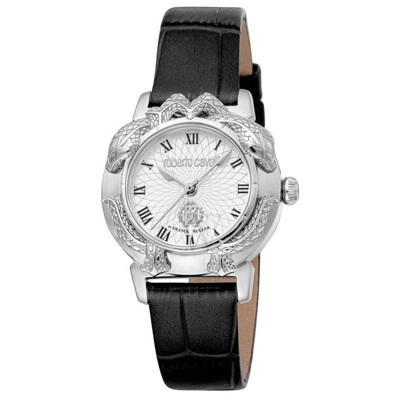 Roberto Cavalli by Franck Muller ladies watch with white dial, snake-embellished case and black leather strap – Available for Online Purchase Main image