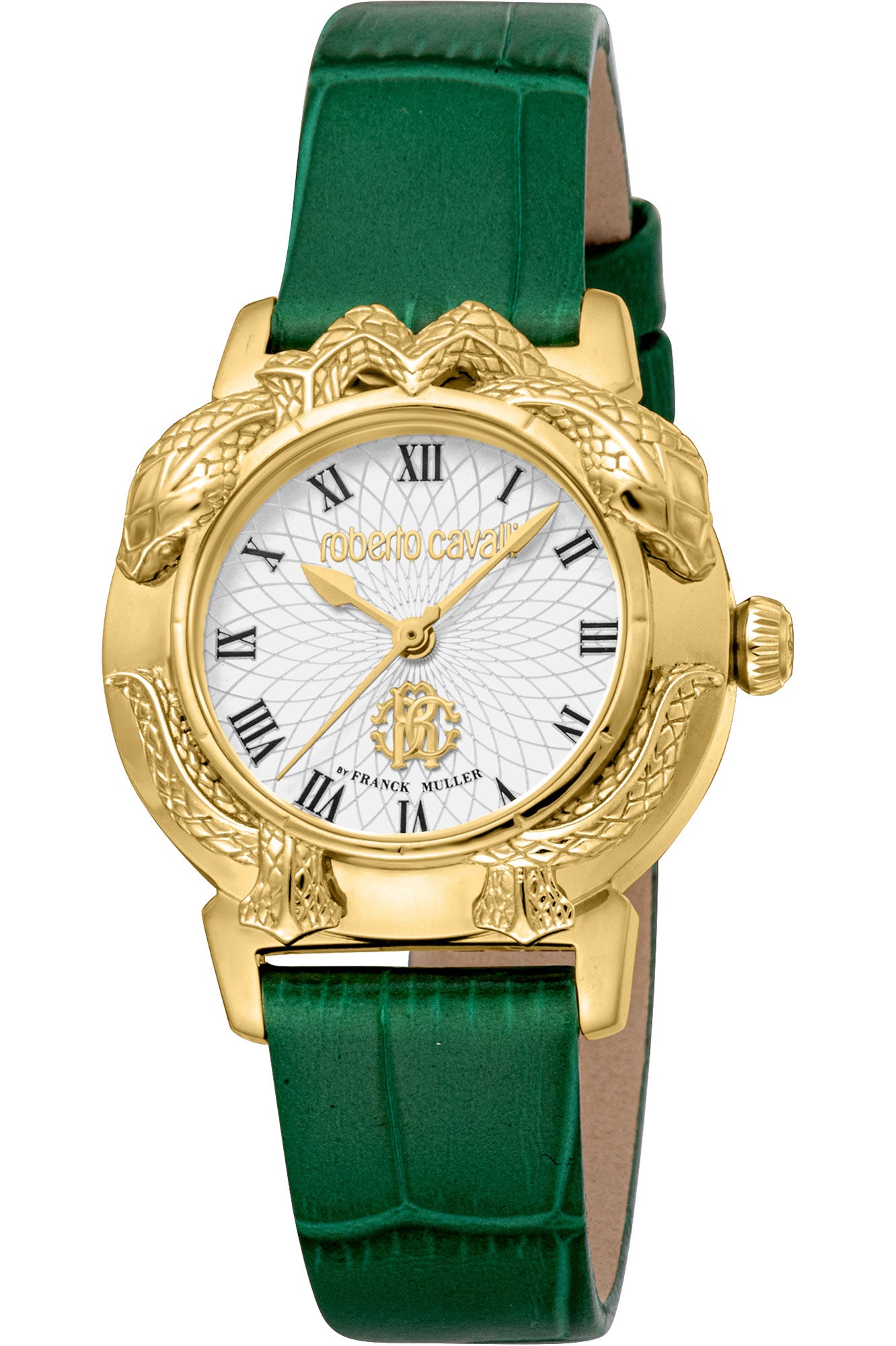 Roberto Cavalli by Franck Muller ladies watch with white dial, gold snake case and green leather strap – Available for Online Purchase