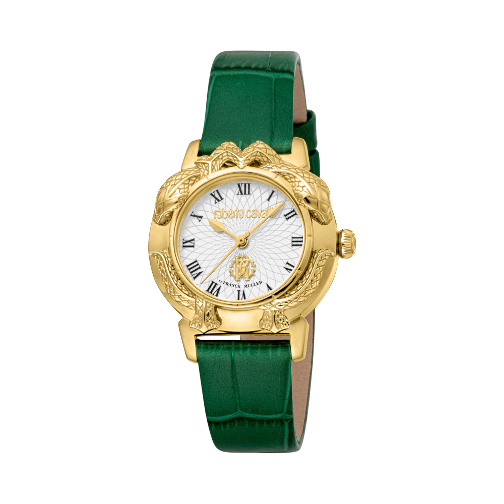 Roberto Cavalli by Franck Muller Ladies White Dial Gold-Tone Snake-Embellished Case Green Leather Strap Watch Main image