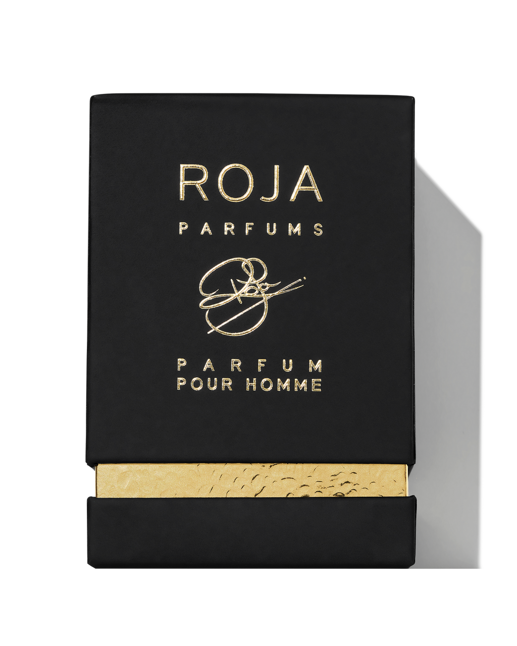 Roja Parfums Scandal Pour Homme Parfum 50ml luxury men's fragrance bottle with gold plaque and black gemstone cap.