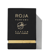 Roja Parfums Scandal Pour Homme Parfum 50ml luxury men's fragrance bottle with gold plaque and black gemstone cap.