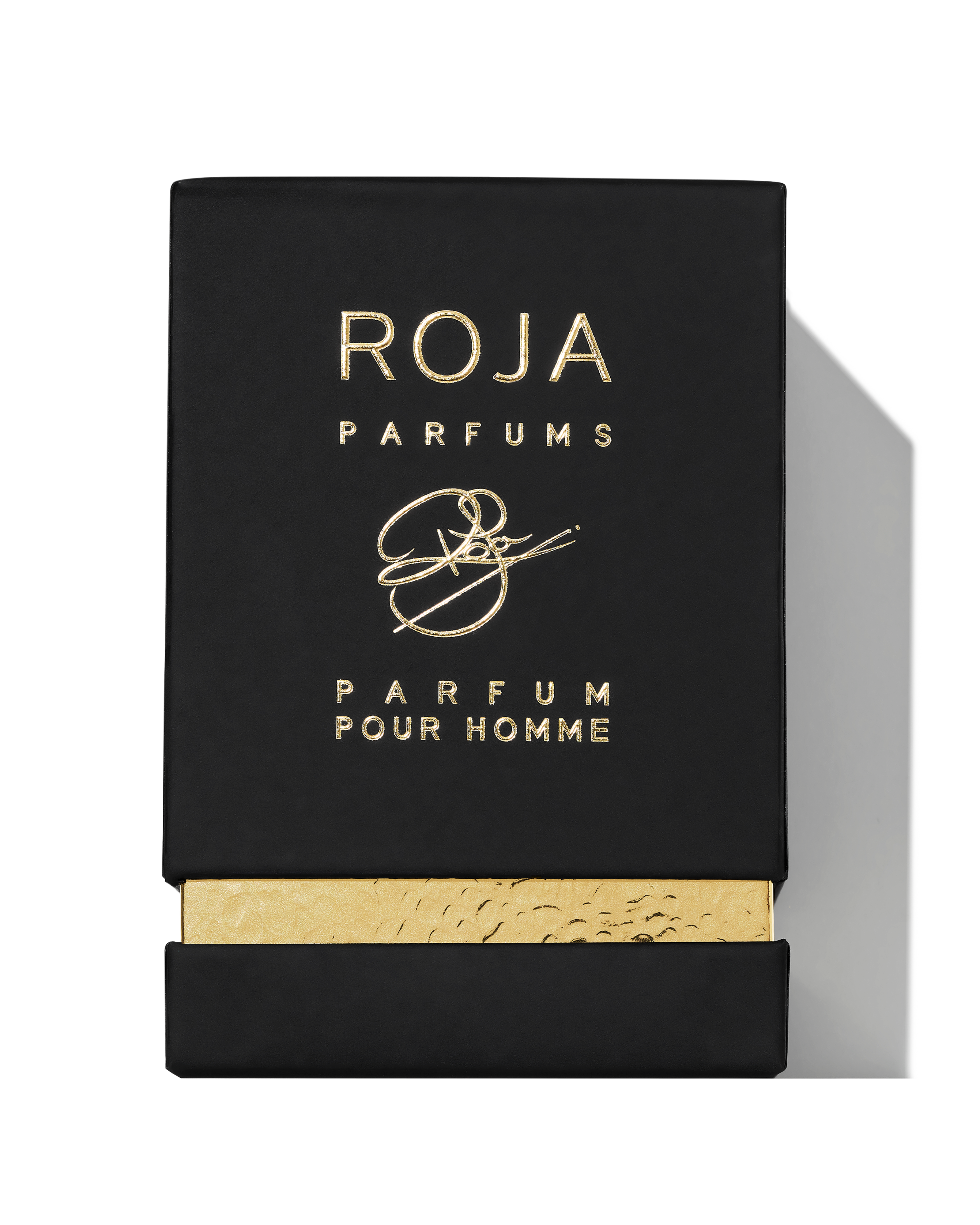 Roja Parfums Scandal Pour Homme Parfum 50ml luxury men's fragrance bottle with gold plaque and black gemstone cap.