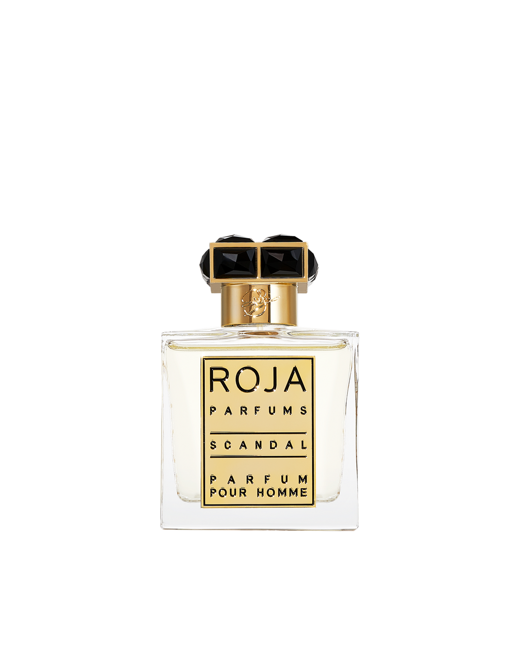 Roja Parfums Scandal Pour Homme Parfum 50ml luxury men's fragrance bottle with gold plaque and black gemstone cap.