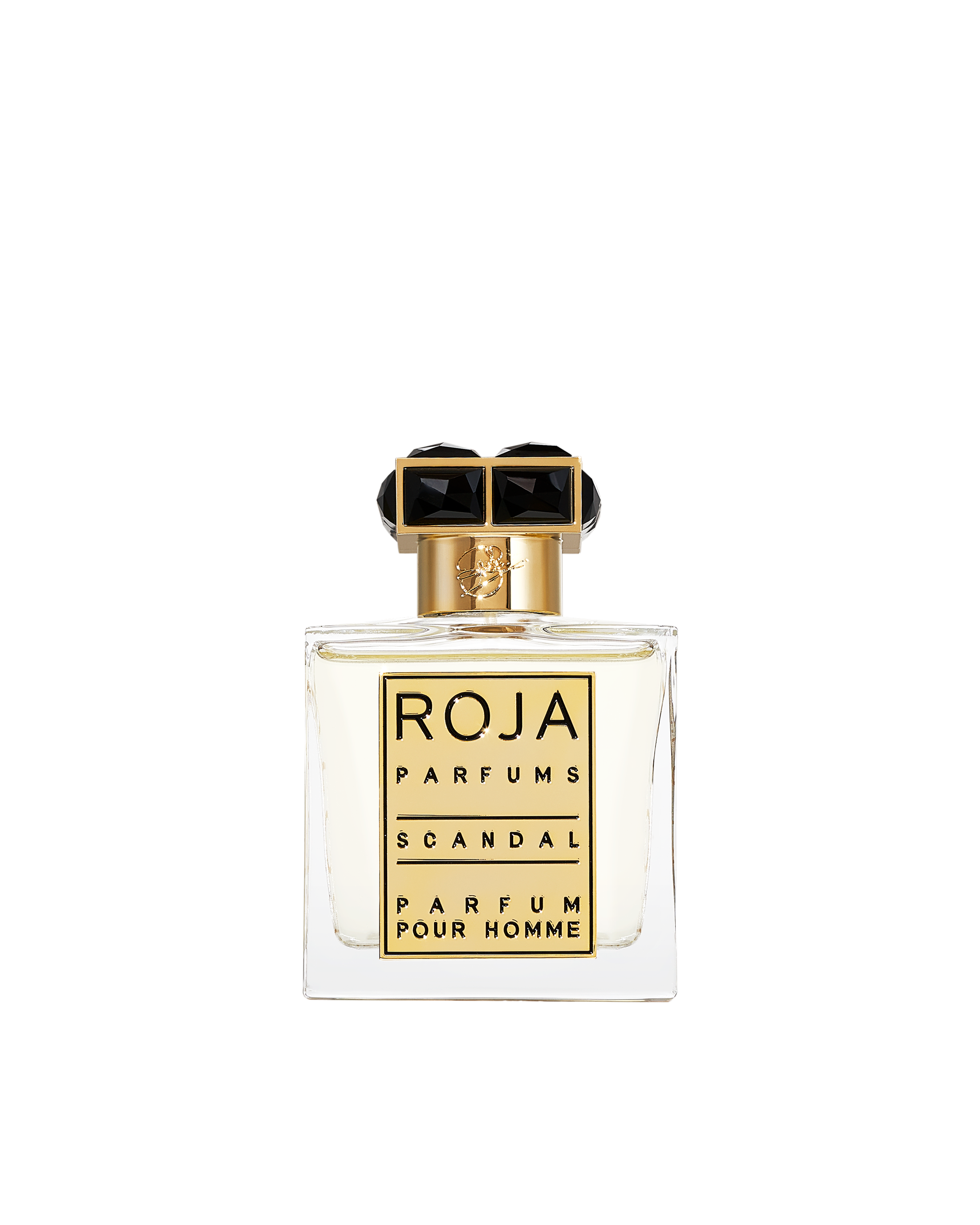 Roja Parfums Scandal Pour Homme Parfum 50ml luxury men's fragrance bottle with gold plaque and black gemstone cap.