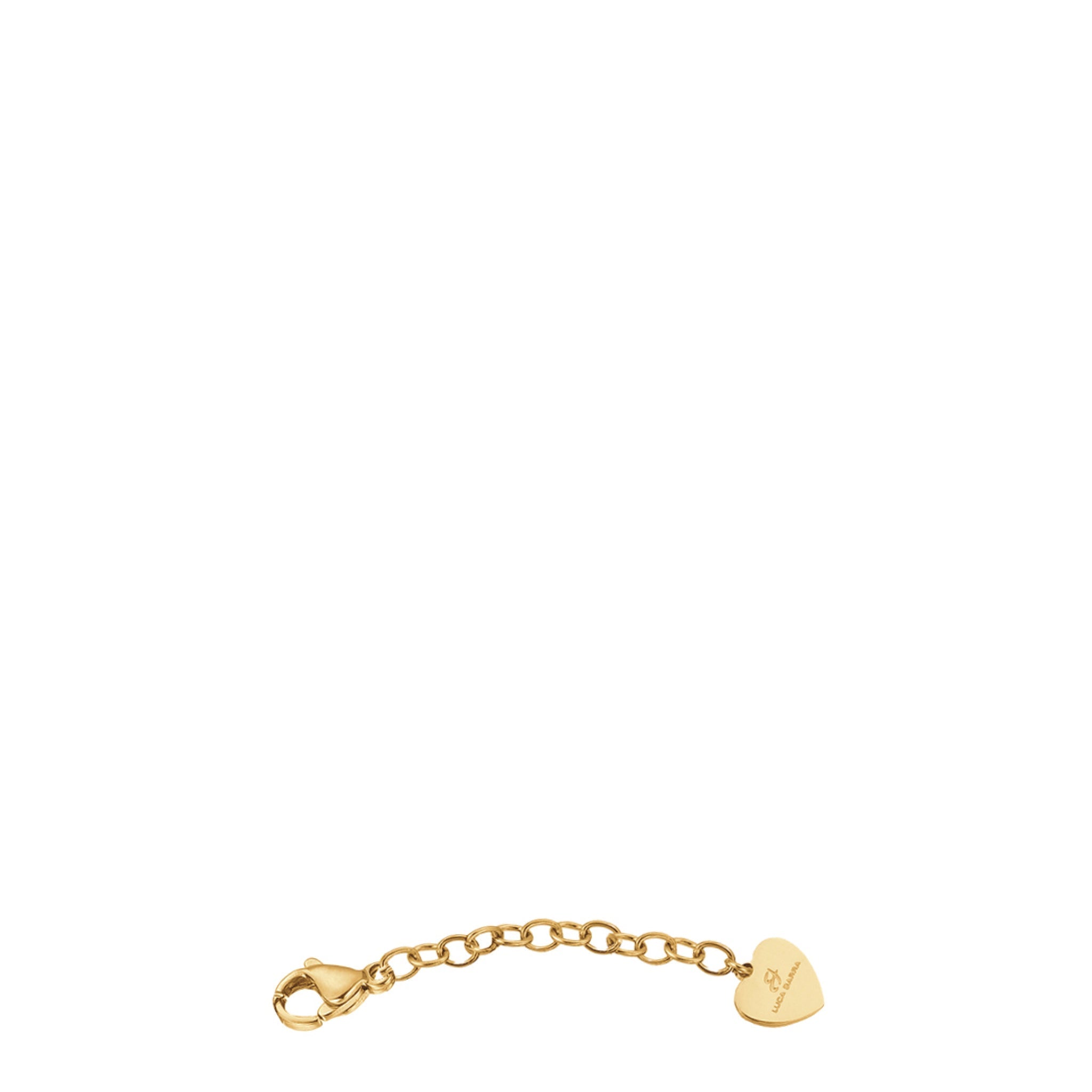 Gold-toned steel chain link bracelet extender with a lobster clasp and a heart-shaped charm.
