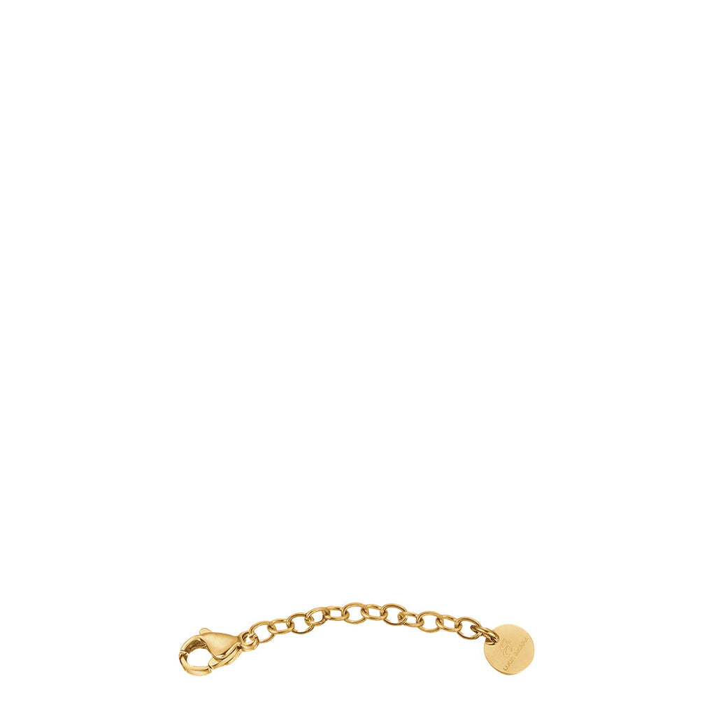 Gold-toned steel bracelet extender chain with oval links, a lobster clasp, and a small round charm with 'Luca Barra' engravin