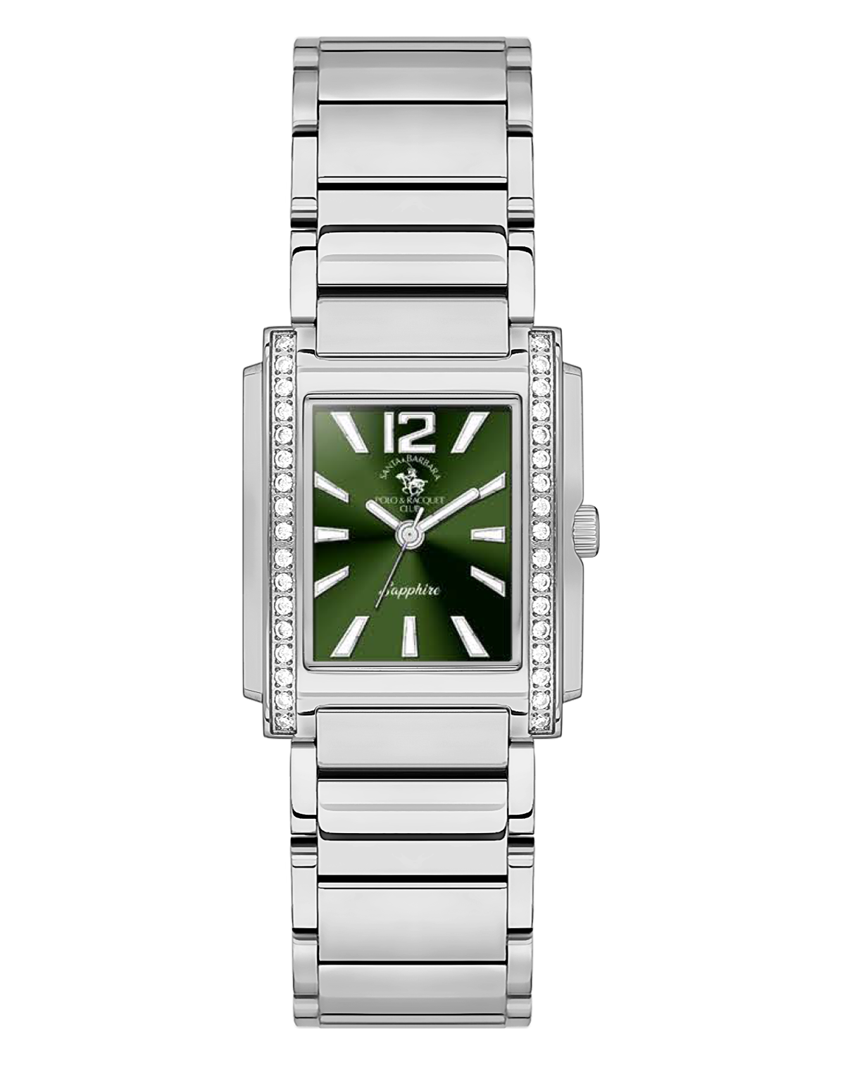 Santa Barbara Polo & Racquet Club women's watch with a silver-toned rectangular case, green dial, and silver-toned link brace