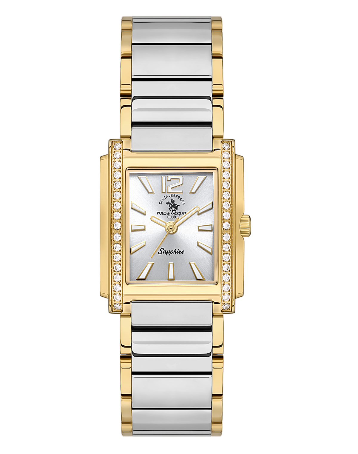 Santa Barbara Polo & Racquet Club women's watch with gold-toned rectangular case, silver dial, and two-tone gold-toned and si