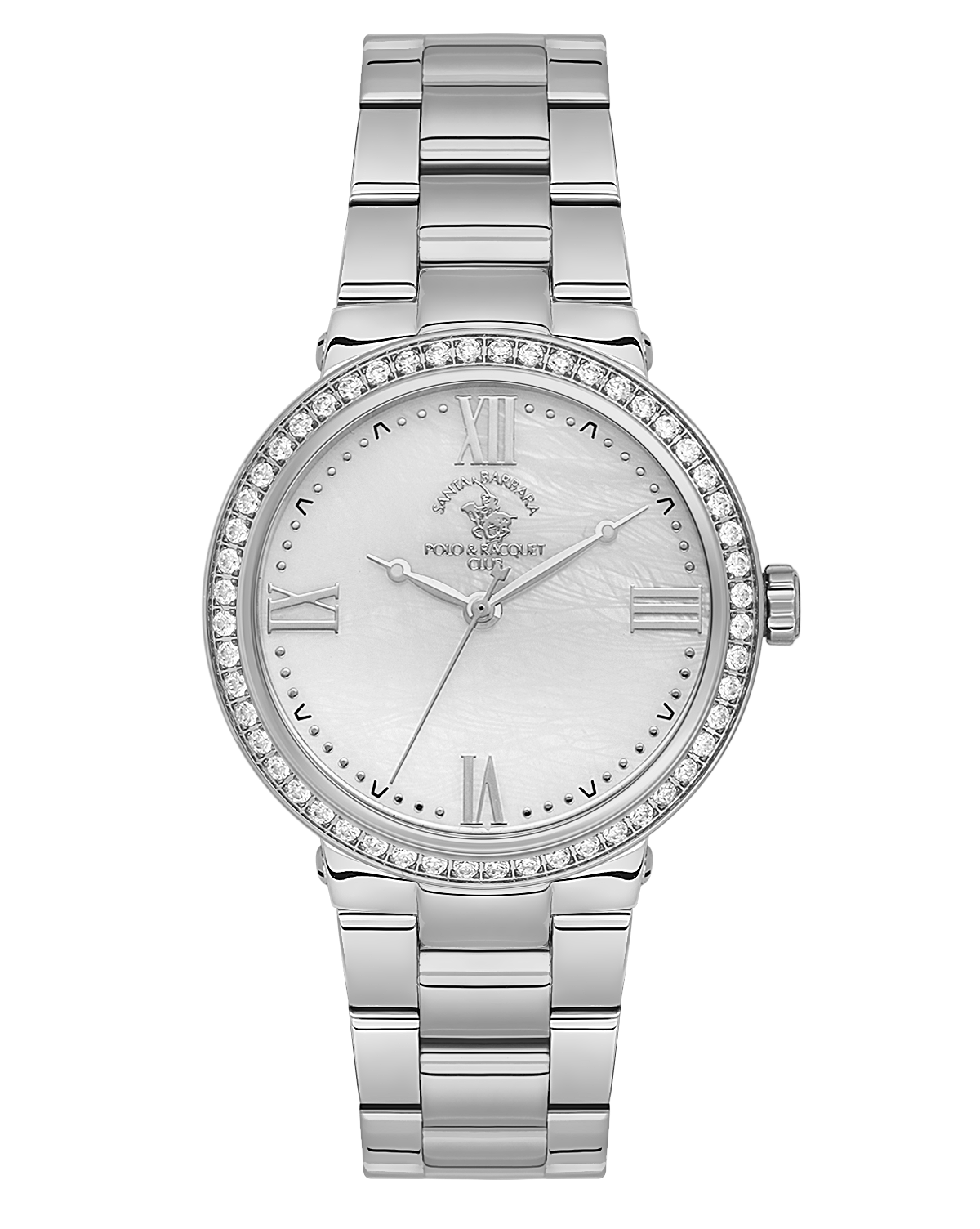 Silver-toned women's watch with a white mother-of-pearl dial, crystal-set bezel, and metal link bracelet.
