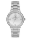 Silver-toned women's watch with a white mother-of-pearl dial, crystal-set bezel, and metal link bracelet.