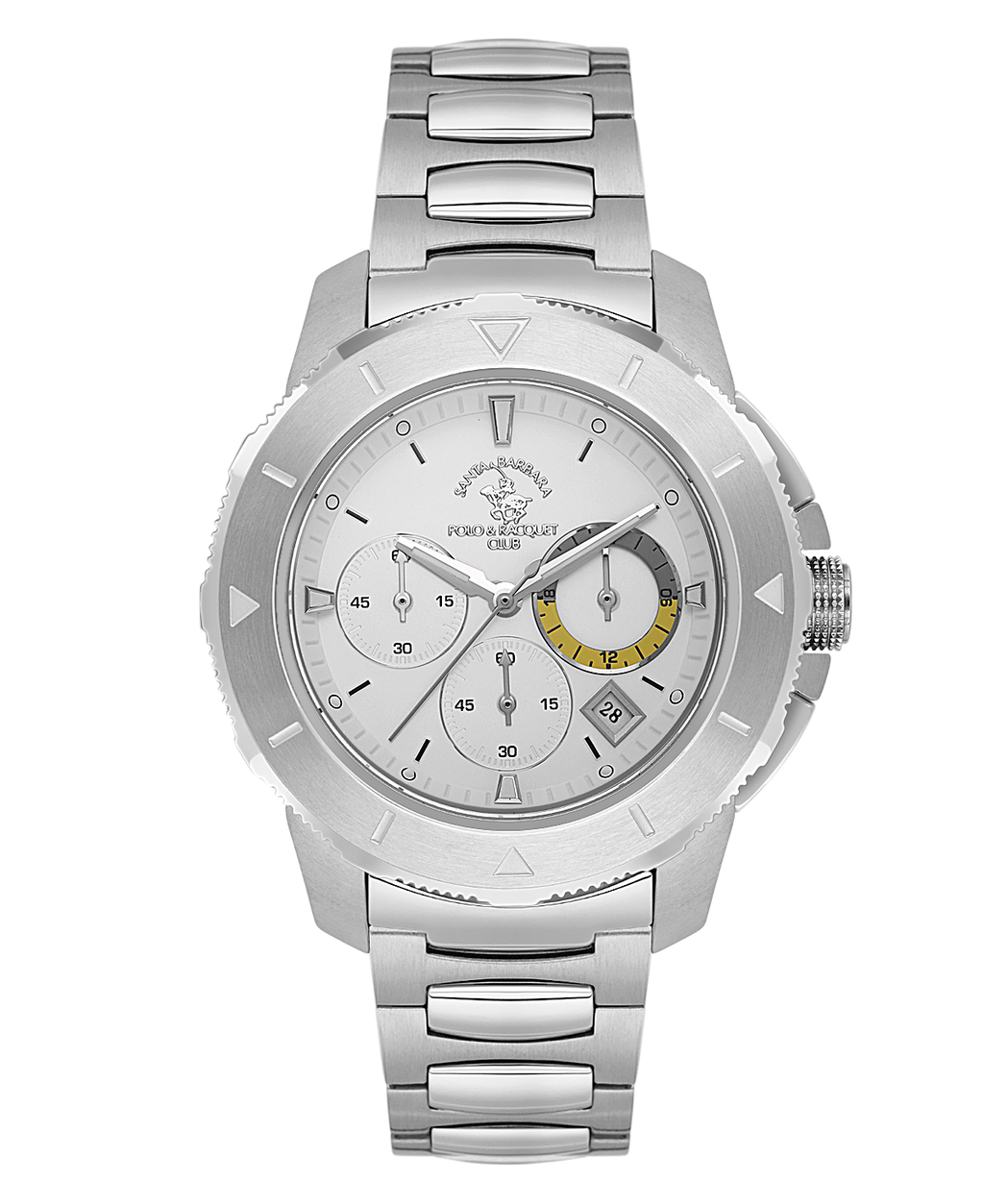 Silver-toned Santa Barbara Polo & Racquet Club chronograph watch with white dial and metal link bracelet.