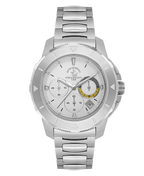 Silver-toned Santa Barbara Polo & Racquet Club chronograph watch with white dial and metal link bracelet.