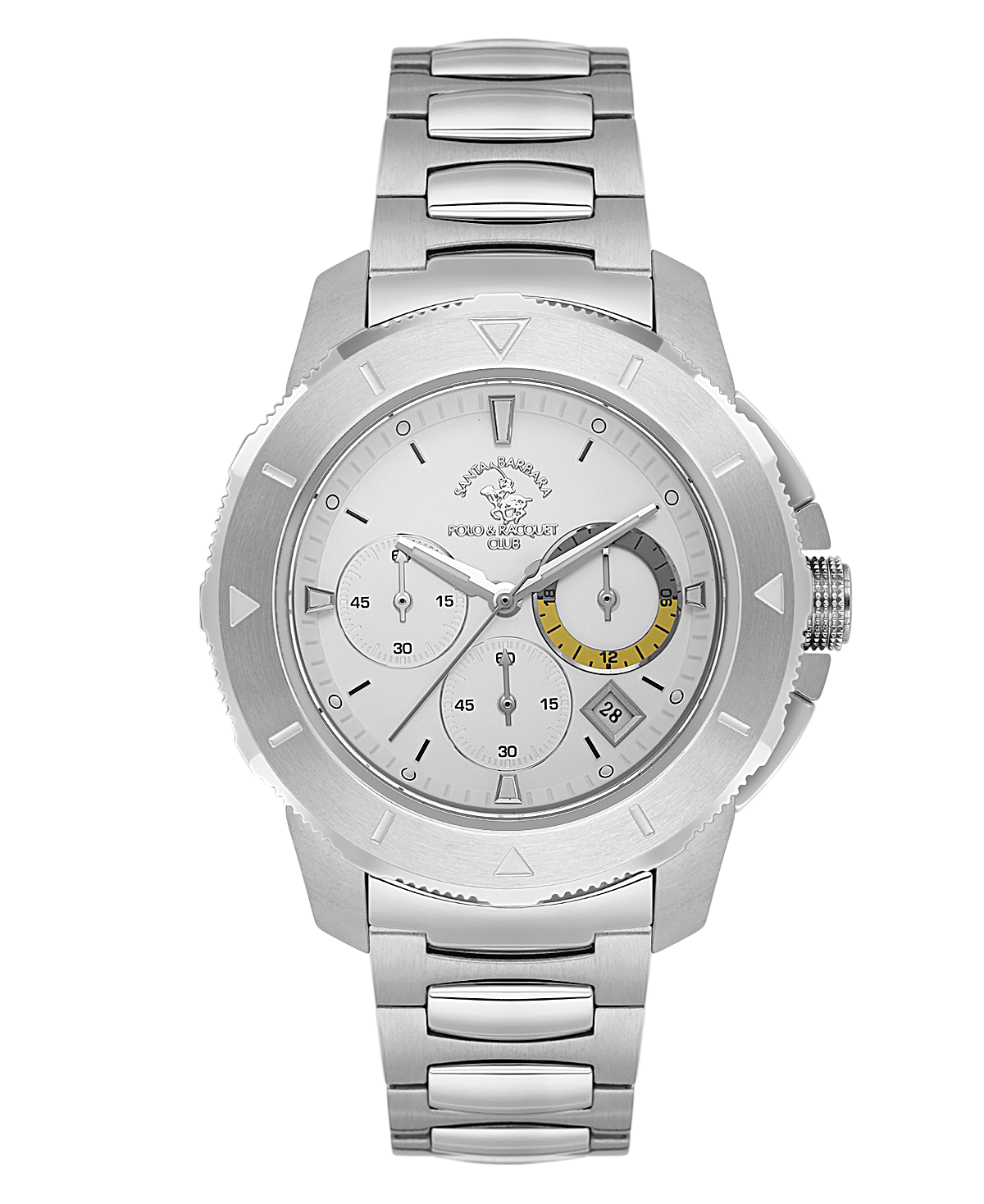 Silver-toned Santa Barbara Polo & Racquet Club chronograph watch with white dial and metal link bracelet.