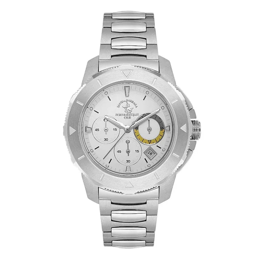 Silver-toned metal watch with a textured bezel, white dial, three sub-dials (one with yellow accent), date window, and link b