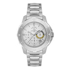 Silver-toned metal watch with a textured bezel, white dial, three sub-dials (one with yellow accent), date window, and link b