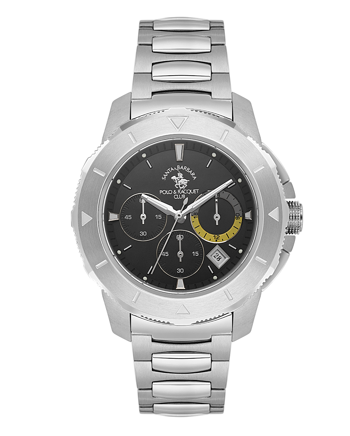 Silver-toned metal chronograph watch with a black dial, three sub-dials, a date window, and a link bracelet.