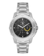 Silver-toned metal chronograph watch with a black dial, three sub-dials, a date window, and a link bracelet.