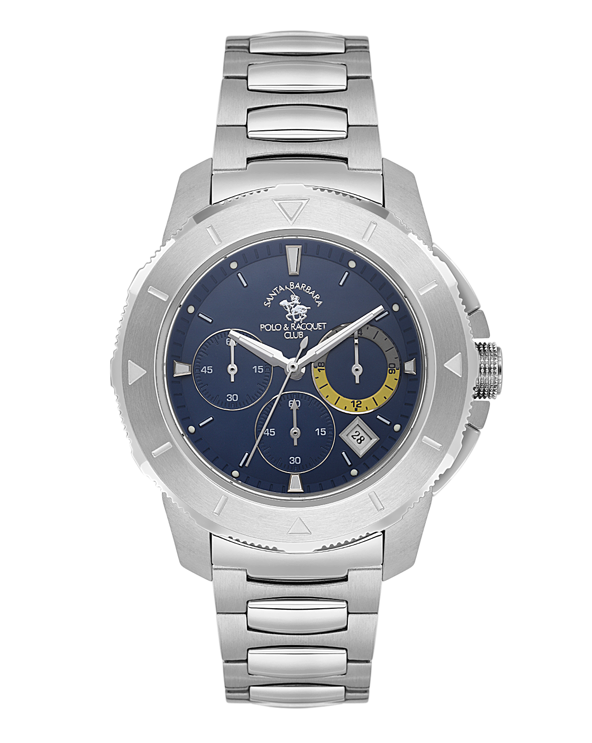 Santa Barbara Polo & Racquet Club men's watch with a silver-toned metal bracelet, silver-toned case, and a dark blue dial wit