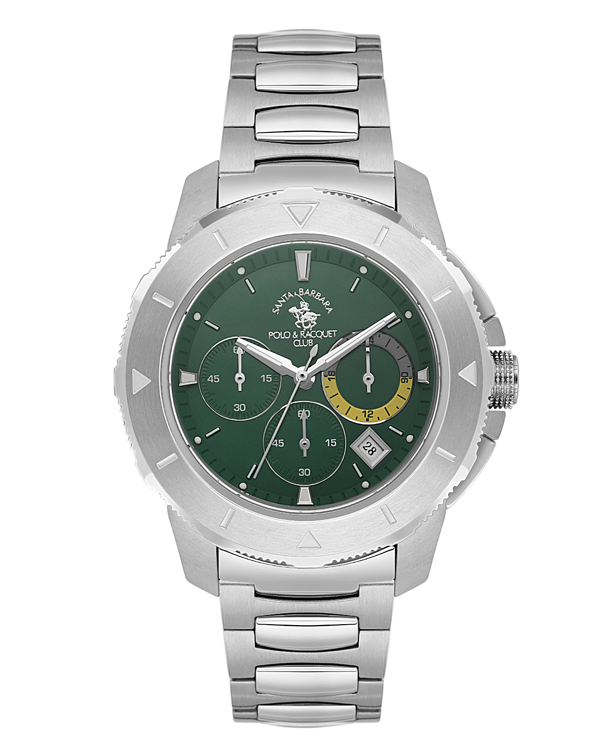 Santa Barbara Polo & Racquet Club men's watch with a silver-toned metal bracelet and case, featuring a dark green dial with t