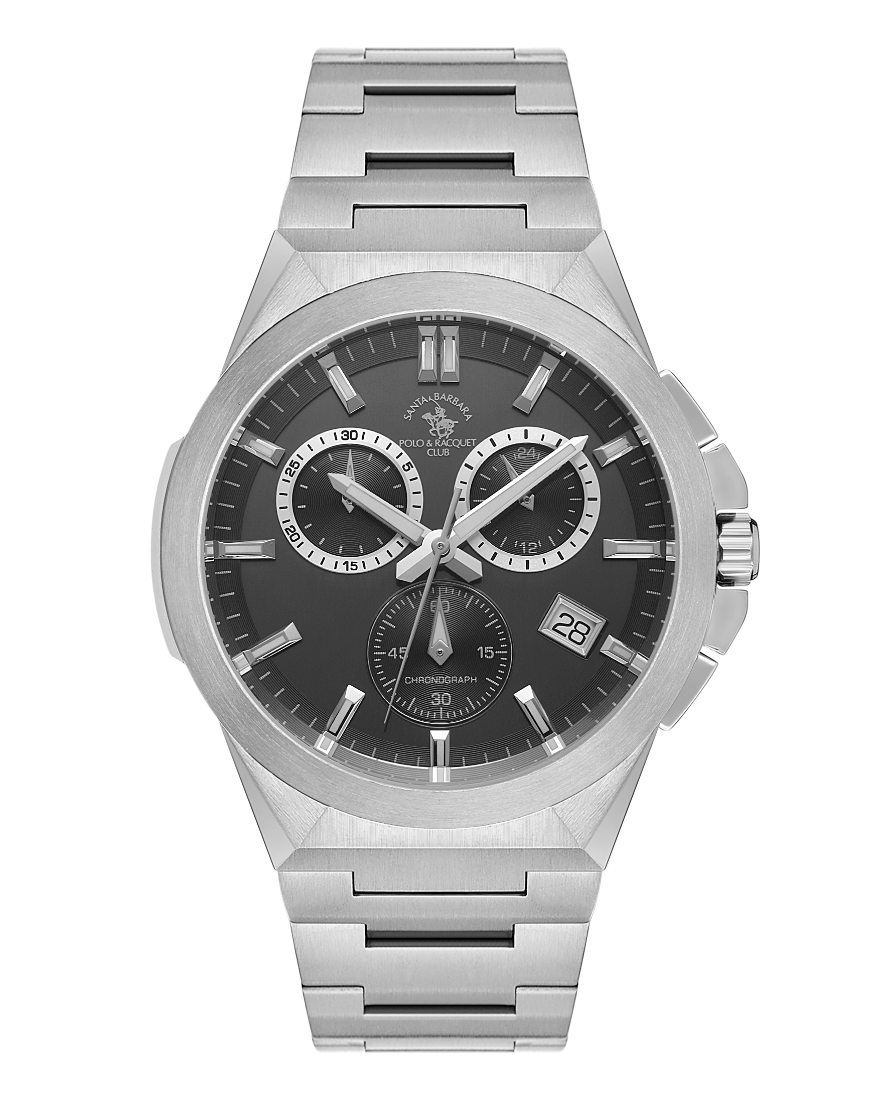 Santa Barbara Polo & Racquet Club men's watch with a gunmetal grey dial, silver-toned case, and integrated silver-toned metal