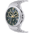 Silver-toned metal watch with a dark green dial, gold-toned hands, hour markers, three subdials, date window, and metal link