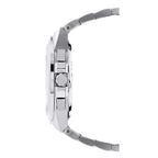Silver-toned metal watch with a faceted case, round crown, two rectangular pushers, and a brushed metal link bracelet.