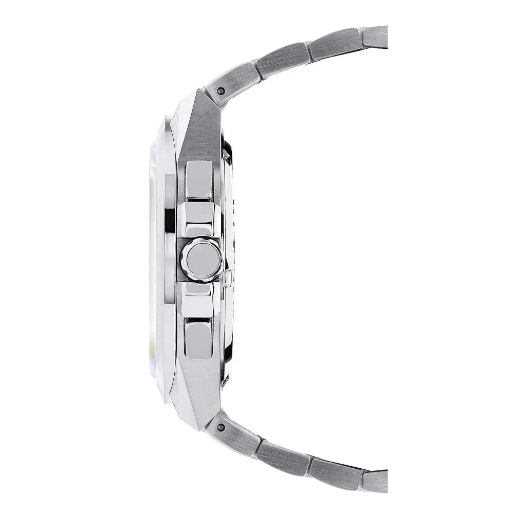 Silver-toned metal watch with a faceted case, round crown, two rectangular pushers, and a brushed metal link bracelet.