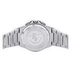 Silver-toned stainless steel watch, back view, with a link bracelet. Case back engraved with 'Santa Barbara Polo & Racquet Cl