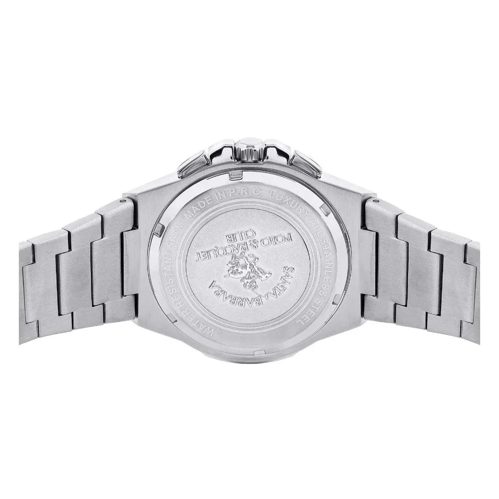 Silver-toned stainless steel watch, back view, with a link bracelet. Case back engraved with 'Santa Barbara Polo & Racquet Cl