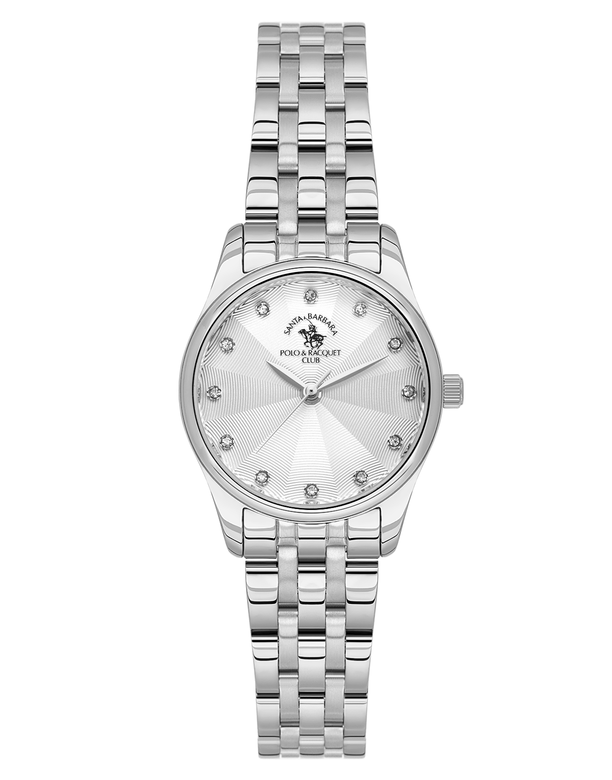 Silver-toned women's watch with a round case, textured silver dial, crystal hour markers, and a silver-toned link bracelet.