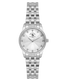 Silver-toned women's watch with a round case, textured silver dial, crystal hour markers, and a silver-toned link bracelet.