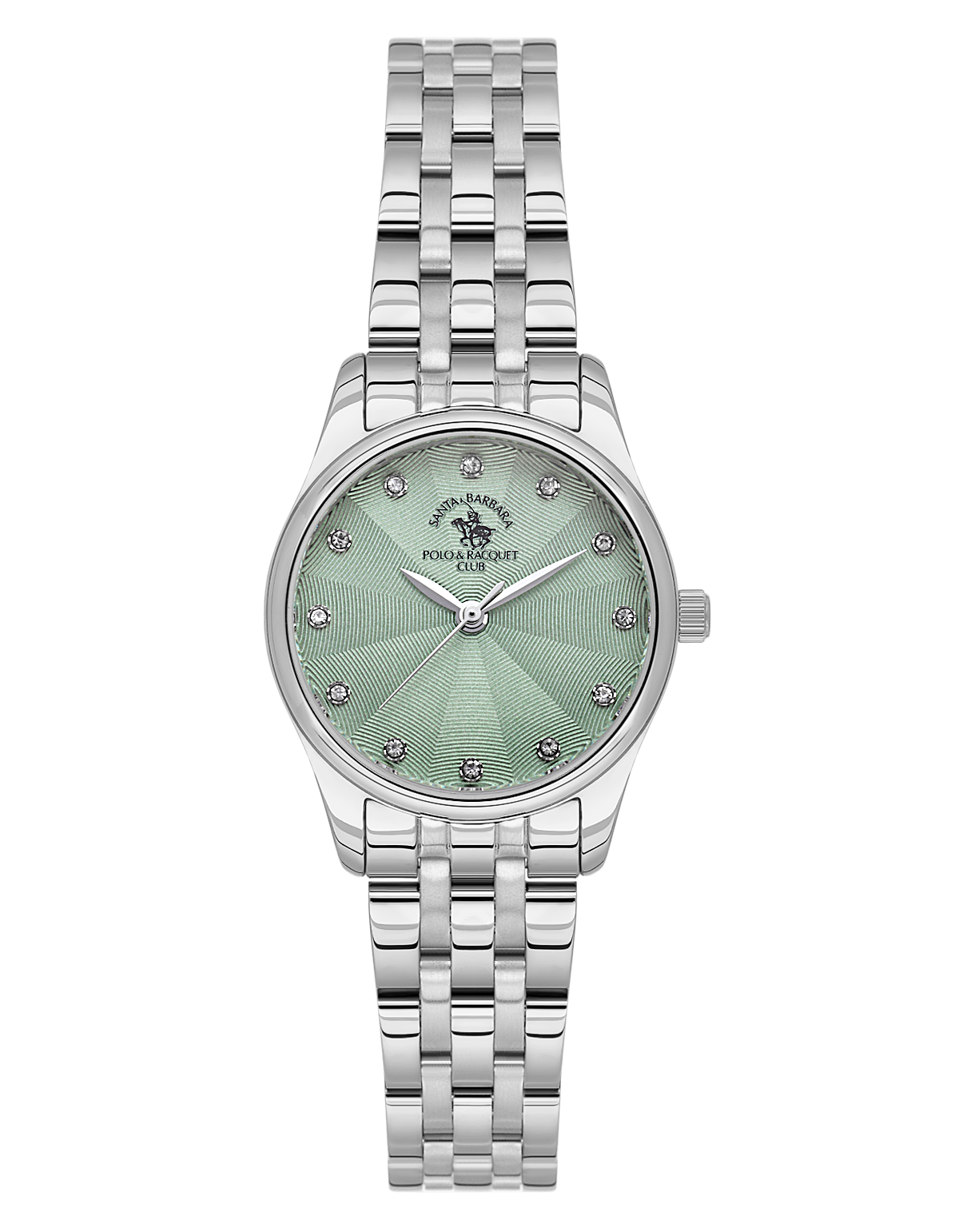 Santa Barbara Polo & Racquet Club women's watch with a silver-toned link bracelet and a green textured dial with crystal mark