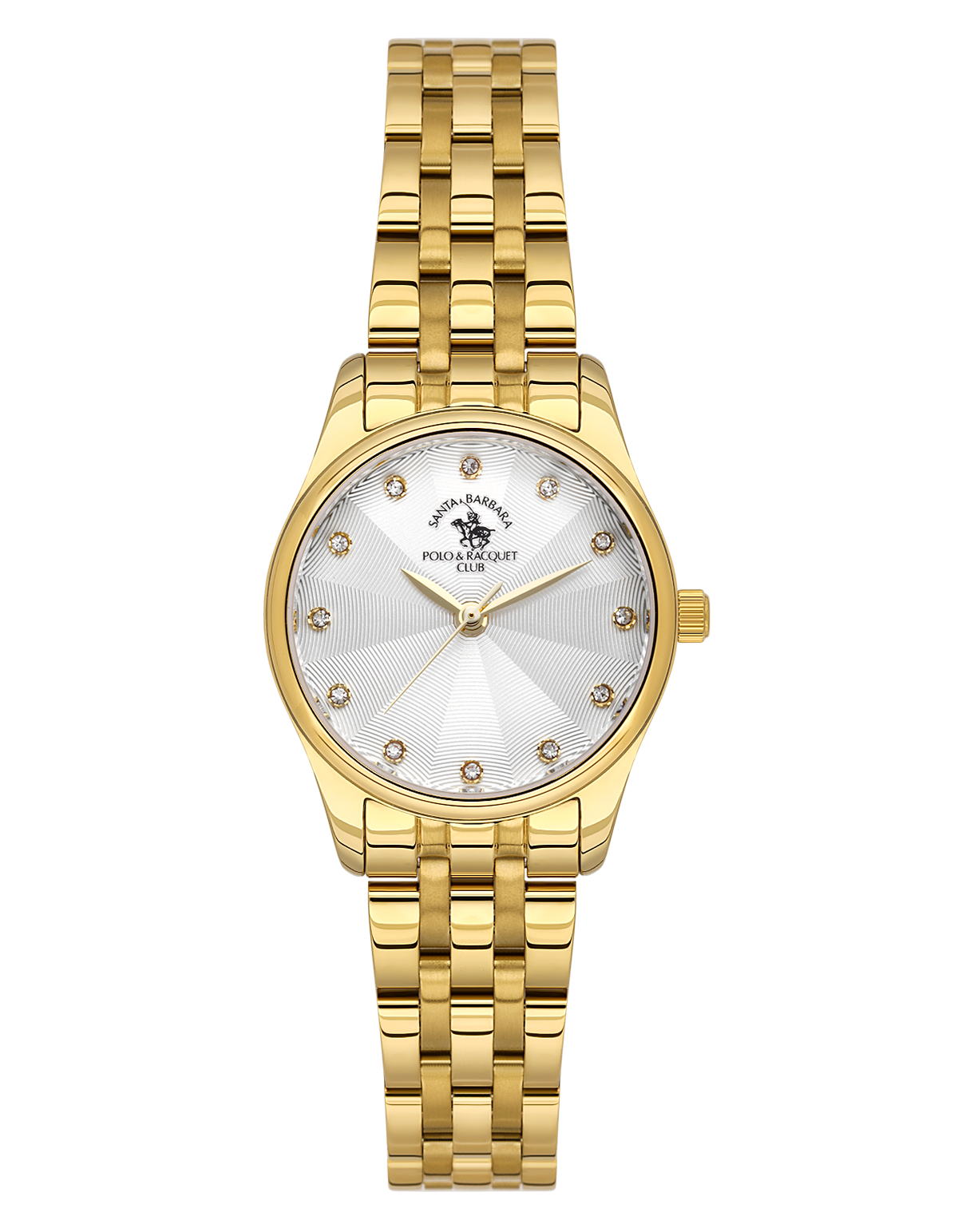 Gold-toned Santa Barbara Polo & Racquet Club women's watch with a white patterned dial and crystal hour markers.