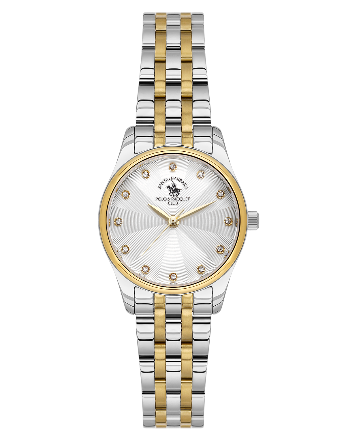 A two-tone silver-toned and gold-toned Santa Barbara Polo & Racquet Club women's watch with a white textured dial and crystal