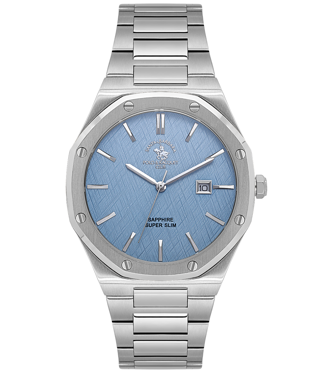 Silver watch with blue face 
