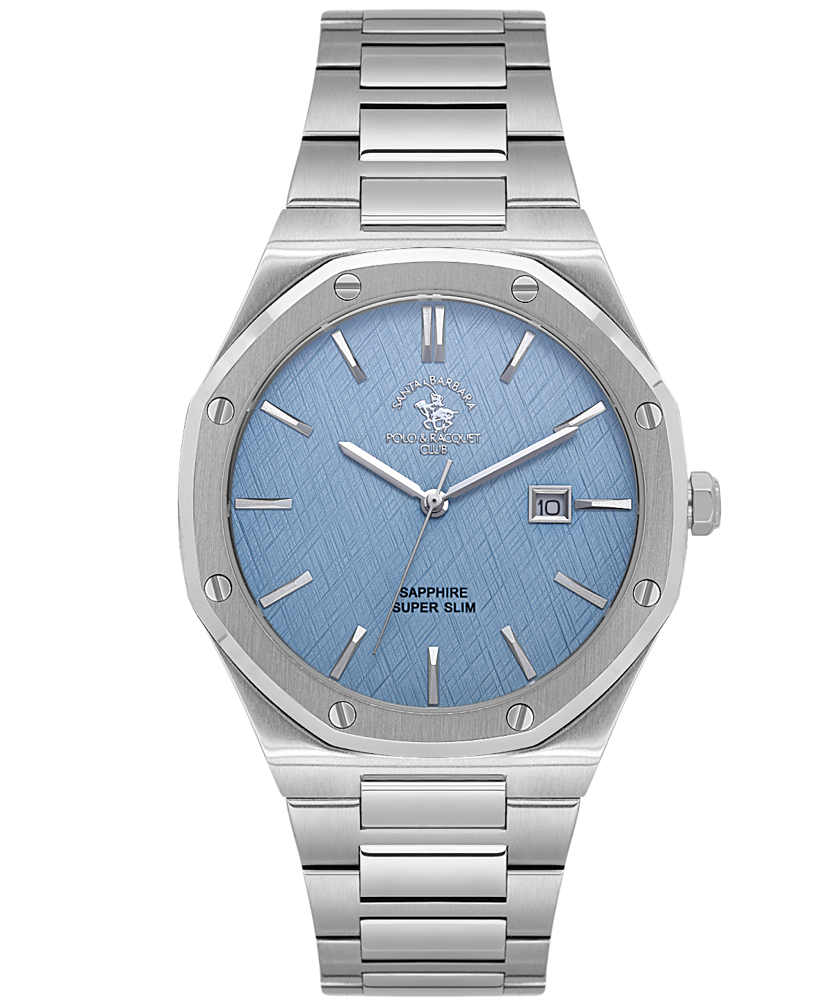 Silver watch with blue face 