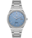 Silver watch with blue face 