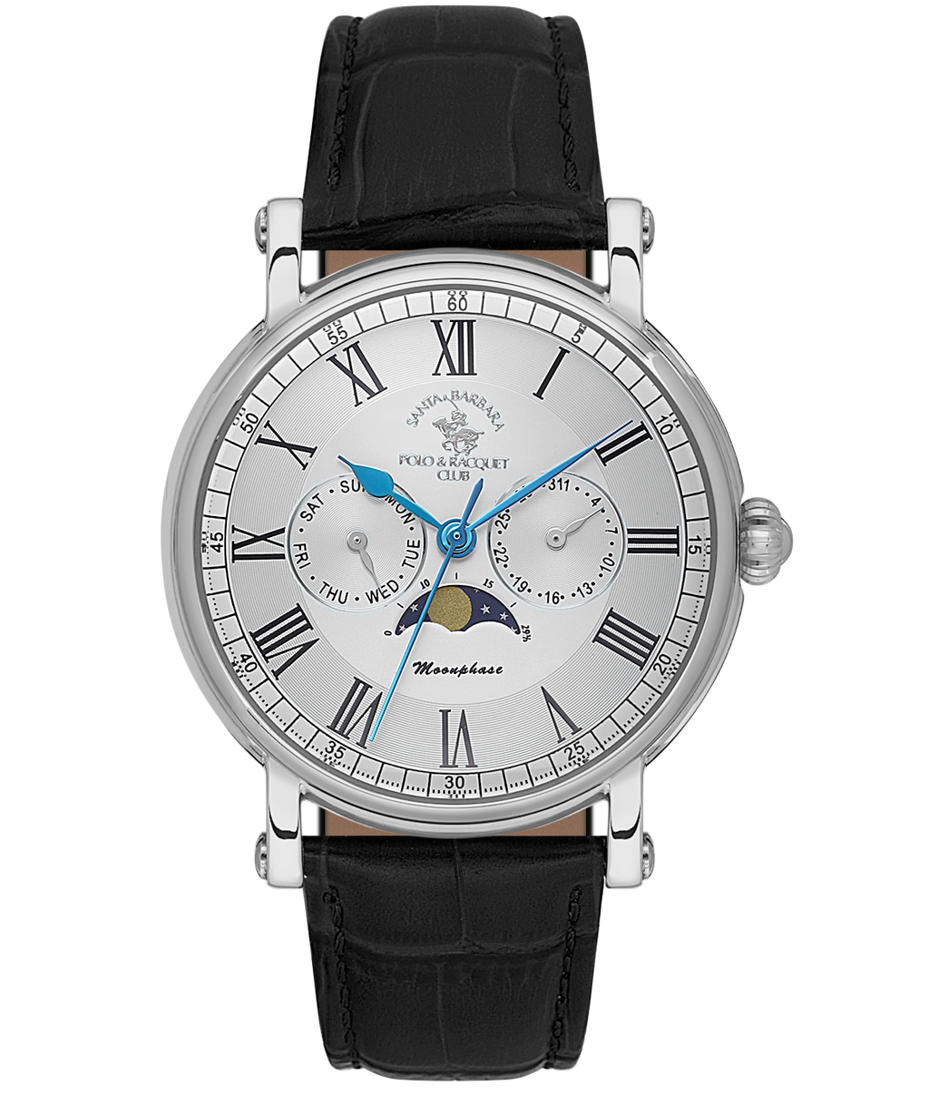 Santa Barbara Polo & Racquet Club Legend Men's Silver Dial Black Leather Strap Watch