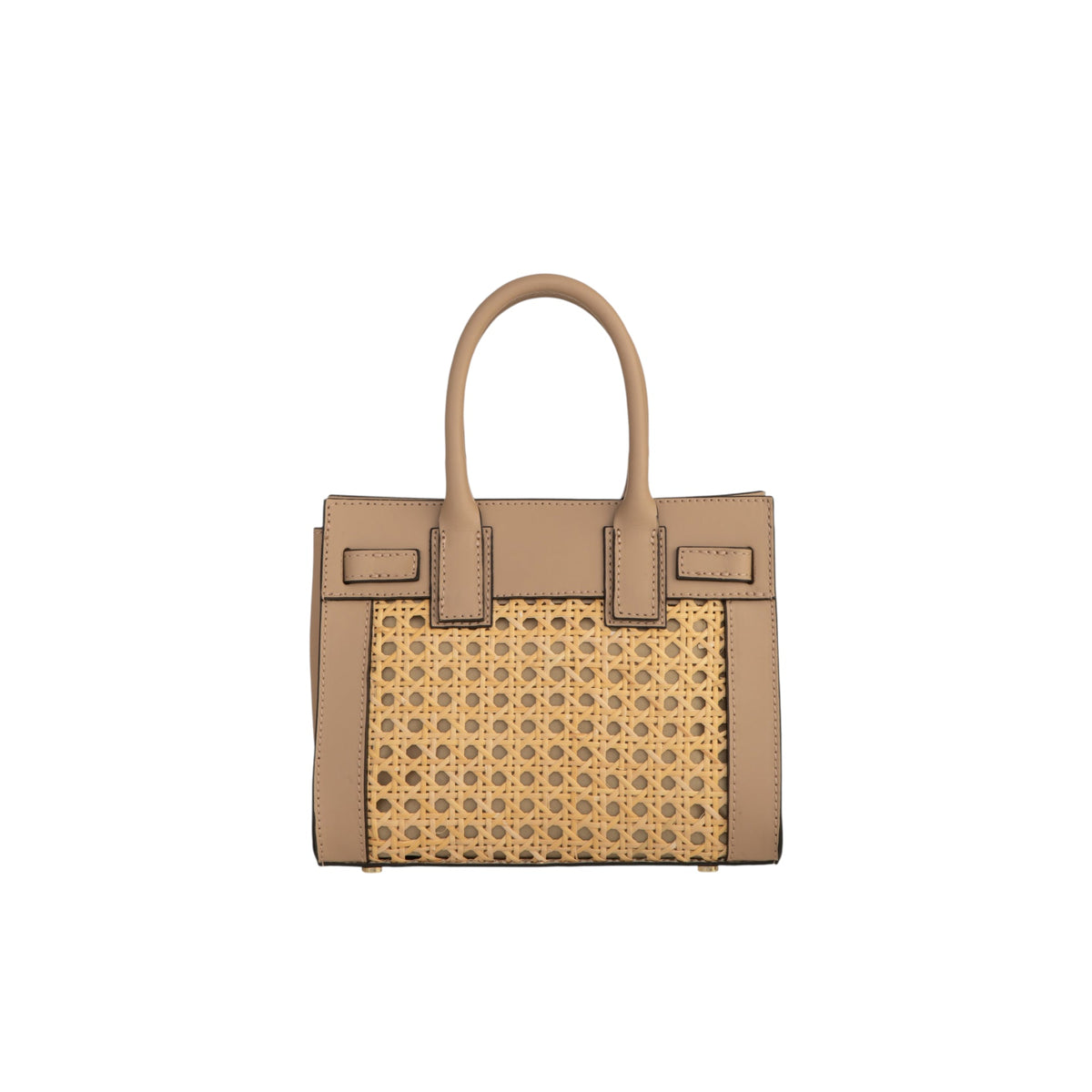 Small beige leather handbag with a rectangular cane weave panel on the front, two top handles, and gold-toned feet.