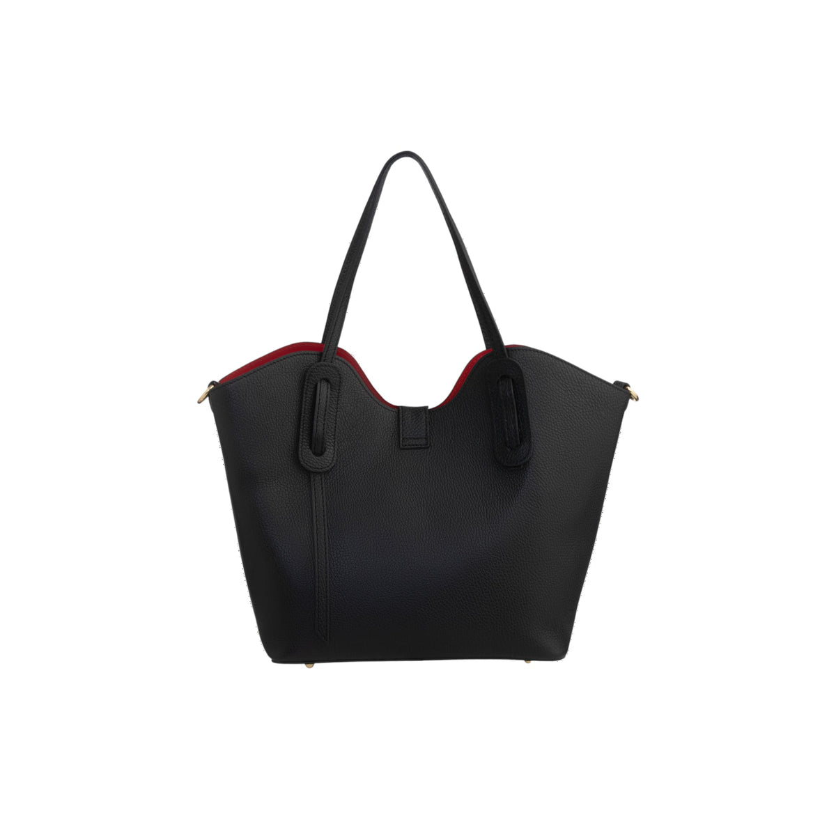 Black pebbled leather tote bag with two thin straps, a wavy top edge, red interior, and gold-toned feet.