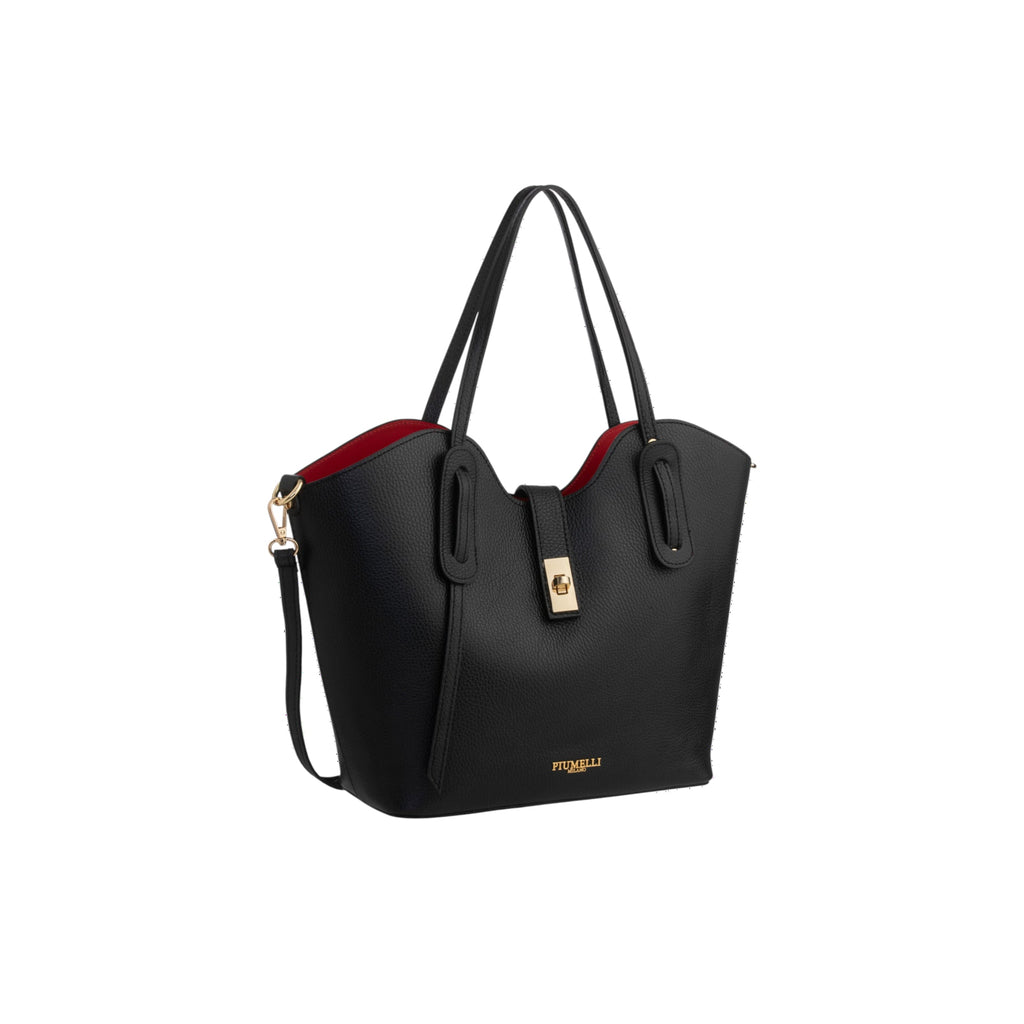 Black pebbled leather tote bag with red lining, two top handles, gold-toned turn-lock closure, and detachable shoulder strap.