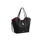 Black pebbled leather tote bag with red lining, two top handles, gold-toned turn-lock closure, and detachable shoulder strap.