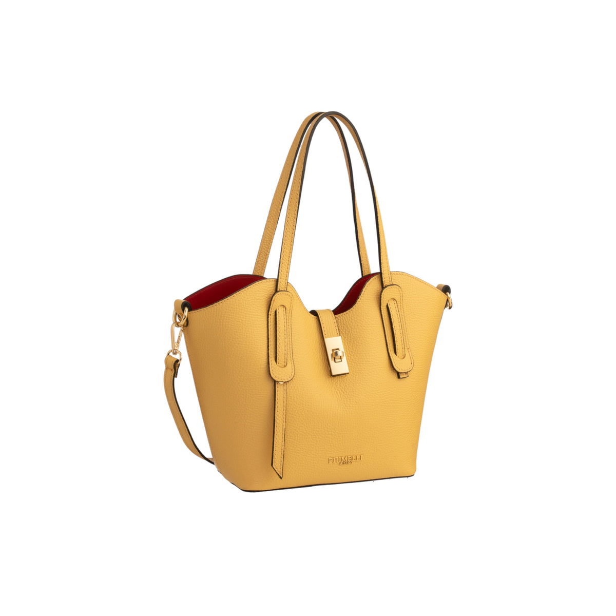 Small pebbled yellow leather tote bag with red lining, two top handles, gold-toned turn-lock, and detachable shoulder strap.