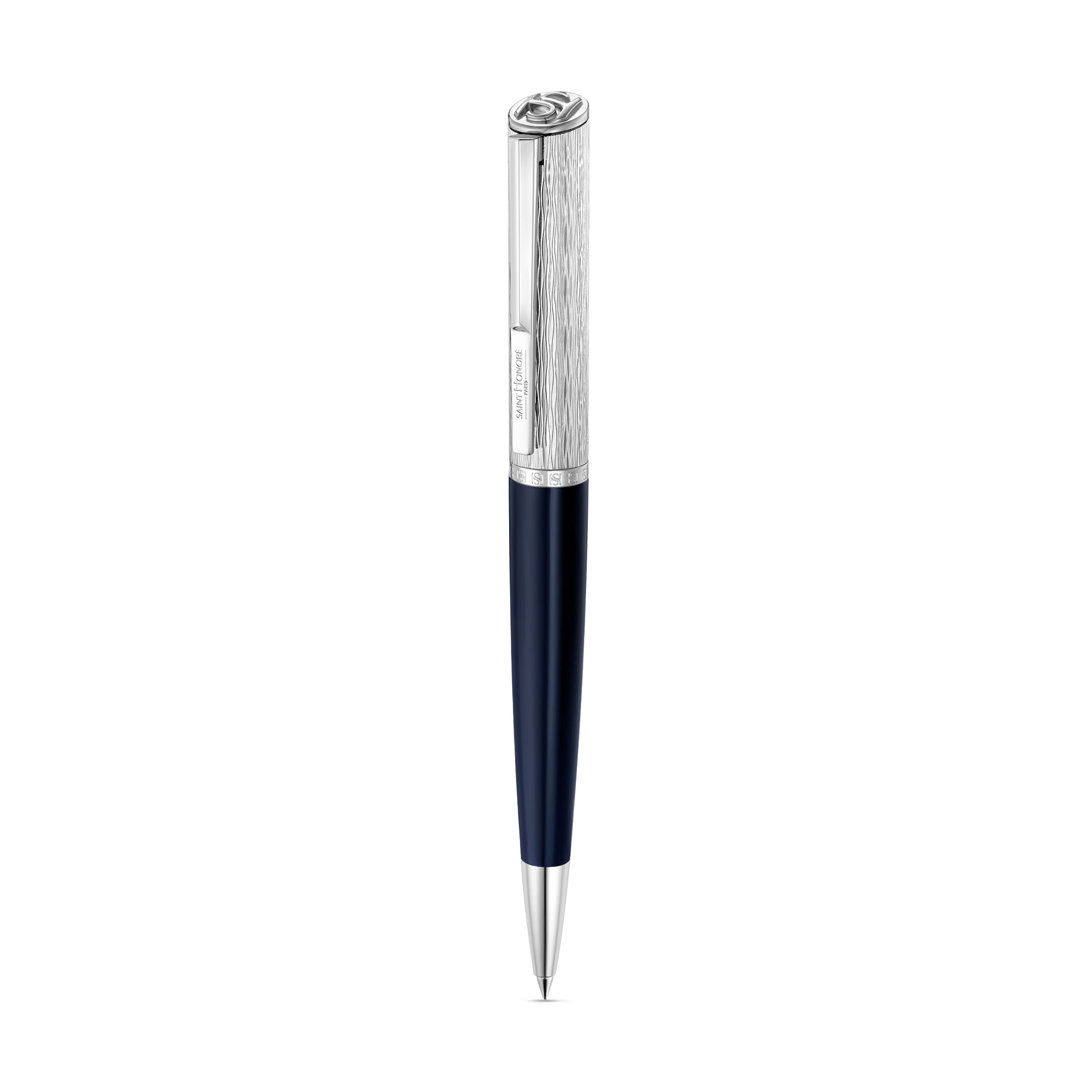 Saint Honoré Célèbre navy blue ballpoint pen with textured silver upper barrel and polished silver-tone trims